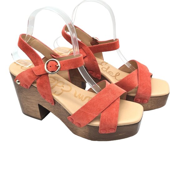 Sam Edelman Josefine Platform Sandals Wooden Clog Heel Leather Orange 9.5 - Picture 1 of 10